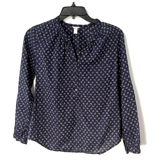 J. Crew navy blue + white v-neck cotton floral print tunic top long sleeve sz 0 - Picture 1 of 8